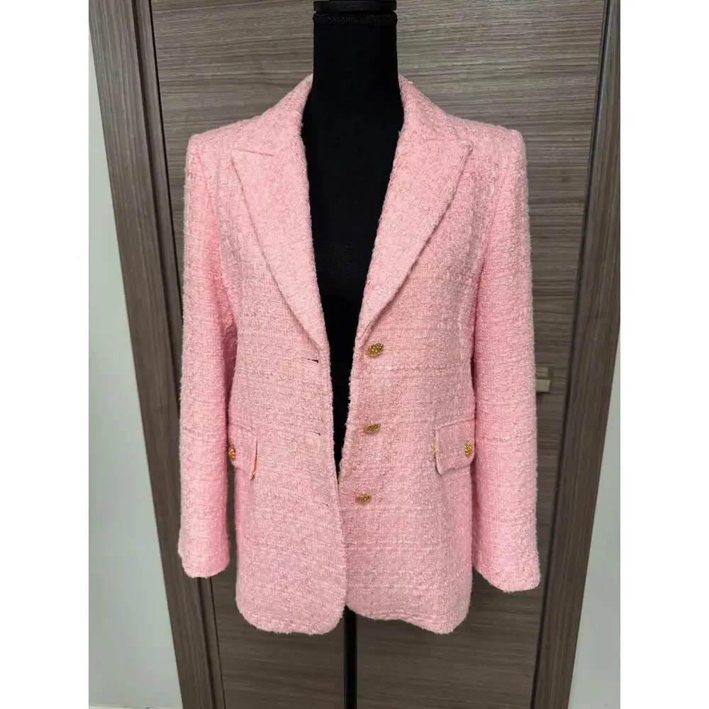 ZARA Pink Tweed Blazer Womens S Gold Button Tailored Jacket Textured Lined - Picture 3 of 9